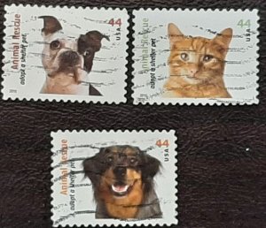 US Scott # 4458-4460, 3 used 44c Animal Rescue, 2010; VFcentering; off ppr