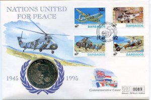 1995 Barbados Cover with $5 Coin, Nations United for Peace