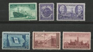 USA # 939-944  All 1946 Commemoratives (6)  Unused VLH