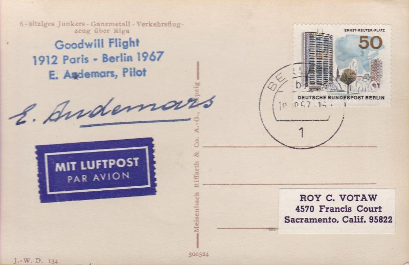 German 1967 Edmond Audemars Signed Cover Good Will Flight 1912-1967 Paris-Berlin