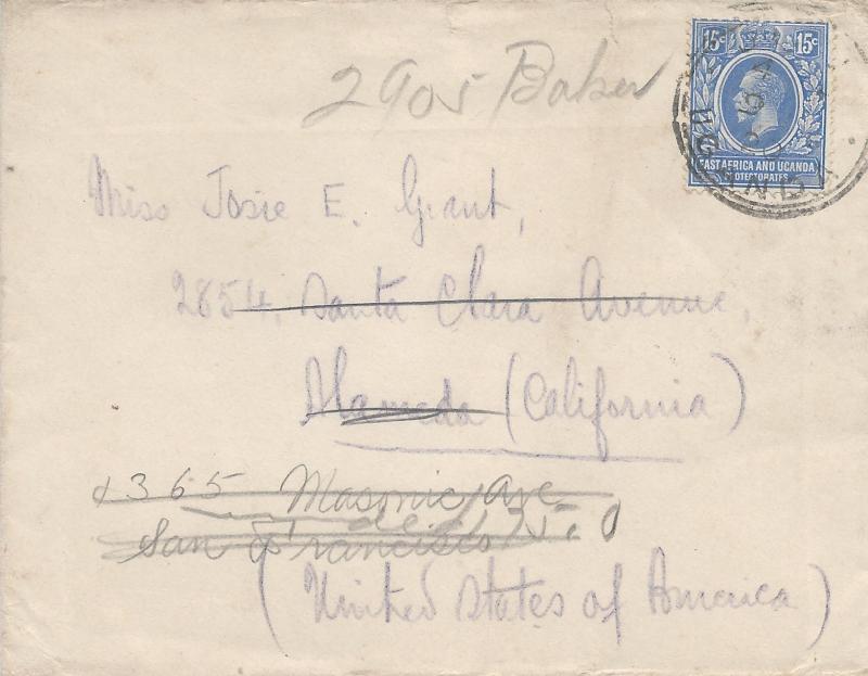 East Africa & Uganda, Scott #45 on 1920 Forwarded Cover, Sent to California