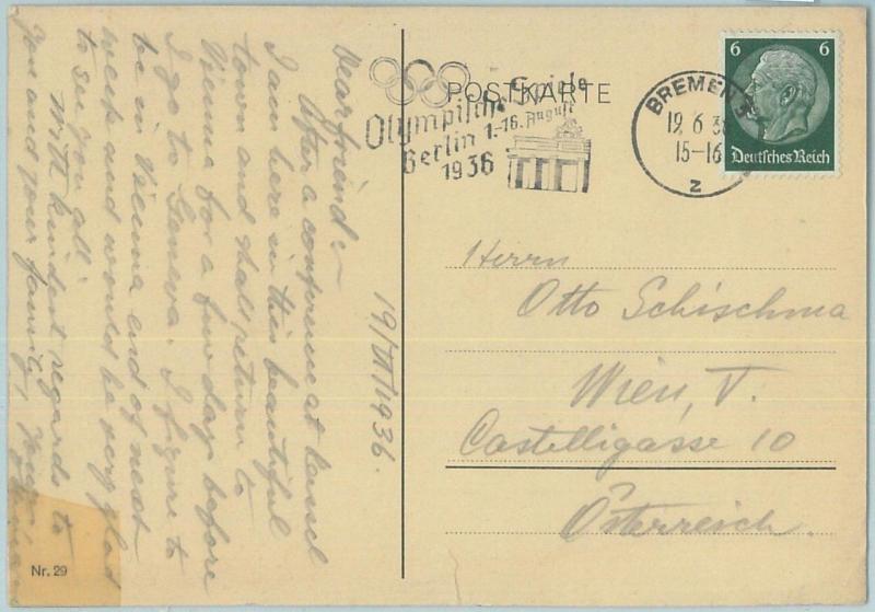 68218 - GERMANY - POSTAL HISTORY - CARD -  19.6.1936 Olympic postmark: BREMEN