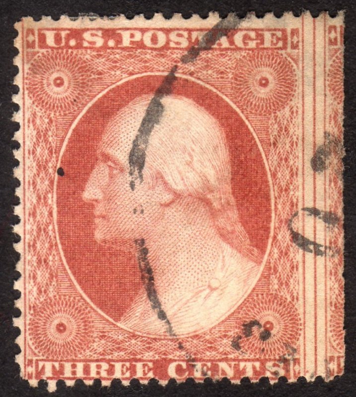 1857, US 3c, Washington, Used, Miscut right, Sc 26