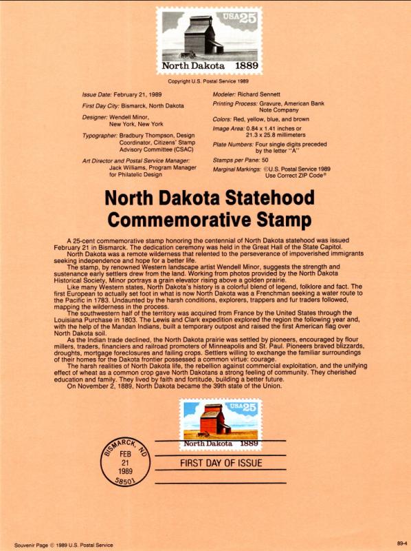 US SP844 North Dakota Statehood 2403 Souvenir Page FDC