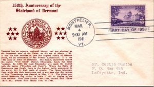 1941 FDC - 150th Anniv of VT Statehood - Better Cachet - Montpelier, VT - F32946