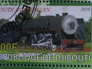 DJIBOUTI-2010 WORLD FAMOUS LOCO MOTIVE TRAINS CTO SHEET VF-WITH FANCY CANCEL