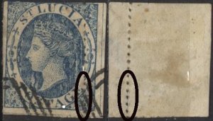 Saint Lucia 5 (Spiro forgery, used, nasty tear) (4p) Victoria, slate blue (1863)