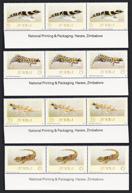 Zimbabwe Geckos 4v Strips of 3 with Imprint SG#746-749 SC#578-581