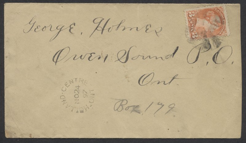 1897 Holland Centre (Grey) ONT Split Ring on Cover to Owen Sound Segmented Cork