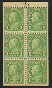 U.S. #632a 1c Benjamin Franklin Booklet Pane, 1927, Mint Never Hinged VF