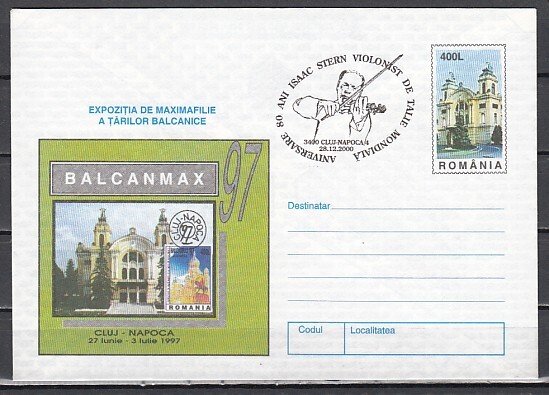 Romania, 2000 issue. 28/DEC/00. Violinist Issac Stern cancel. Postal Ebvelope.^