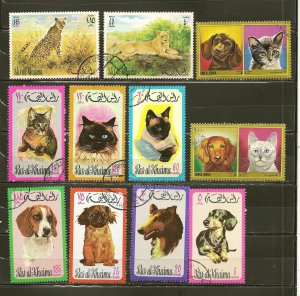 Ras al Khaima Collection of 11 Different 1960's-1970's Dog & Cat Stamps CTO