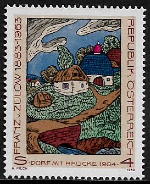 Austria #1420 MNH Stamp - Village With Bridge Painting