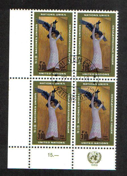 United Nations Geneva  #13  1969  3f. cornerblock of four stamps