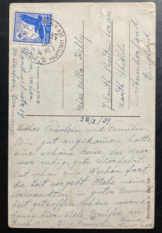 1939 Munich Germany Airmail Picture Postcard Cover To North Shields England