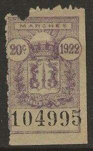 Indochina Vietnam 1922 Hanoi Local Markets Tax Revenue Unused (No gum)-