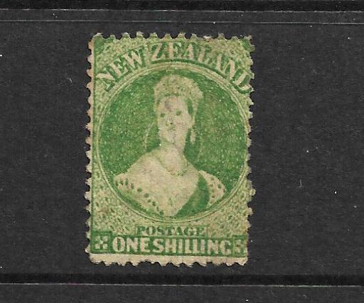 NEW ZEALAND 1864-71 1/-  DEEP GREEN FFQ  MVLH  P12 1/2  CP A6M7  SG 123 CHALON