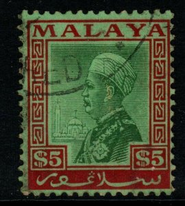 MALAYA SELANGOR SG85 1936 $5 GREEN & RED/EMERALD FINE USED