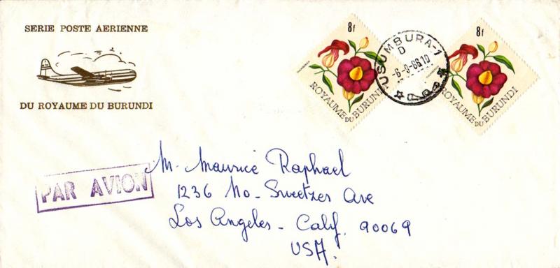 Ruanda Urundi Burundi 8F Thunbergia Diamond (2) 1966 Usumbura-1 Airmail to Lo...