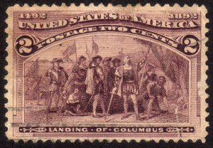 1893, US 2c, Landing of Columbus, Used, Broken frame line, Sc 231