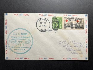1931 USA Zeppelin Cover Akron OH to Whitewater WI ZRS4 Leaves for Lakehurst 3
