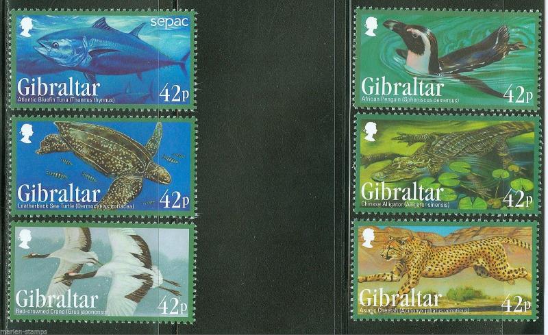 GIBRALTAR  2013  ENDANGERED  ANIMALS PENGUIN CHEETAH TURTLE TUNA  SET MINT NH 