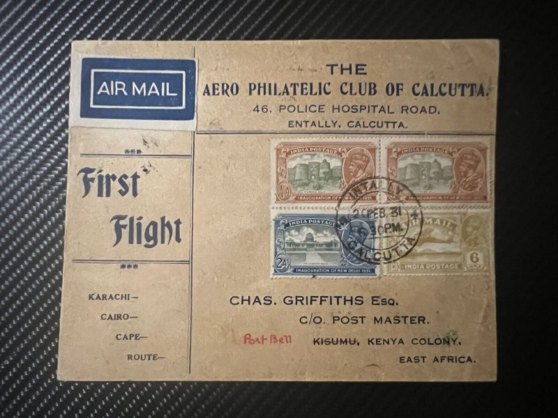 1931 India Airmail First Flight Cover FFC Entally Calcutta to Port Bell Kenya