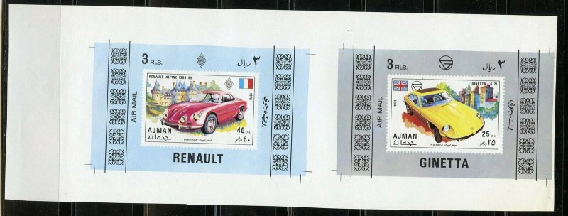 AJMAN  RENAULT AND GINETTA  UNCUT  SHEET OF  TWO  IMPERF SOUVENIR SHEETS  MINT 