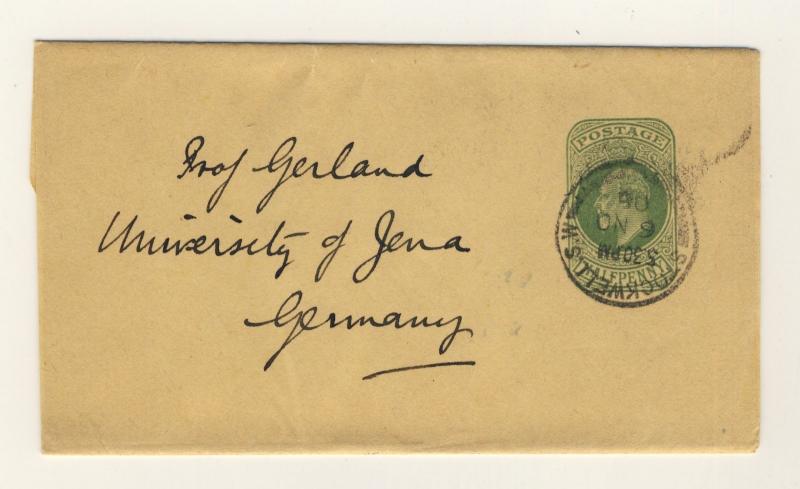 GB - 1908 KEVII 1/2d Yellow-Green Wrapper used STOCKWELL to JENA, Germany 