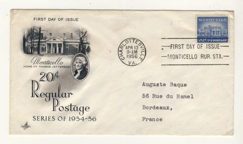 US - 1956 - Scott 1047 FDC - 20c MONTICELLO, home of Thomas Jefferson -