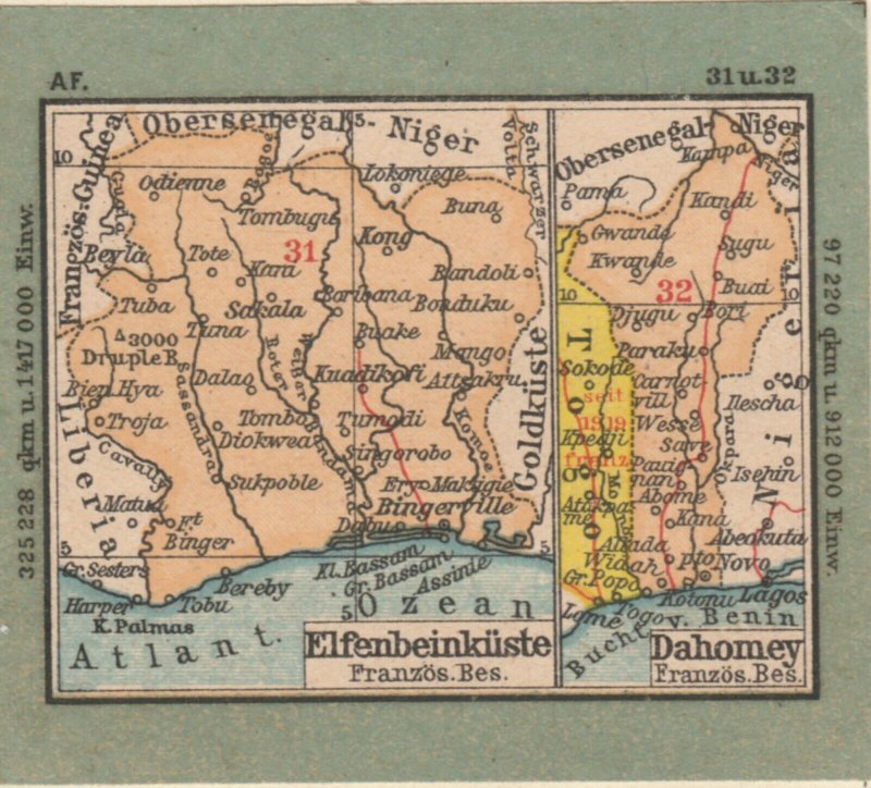 Germany Schaubek Poster Stamp IVORY COAST DAHOMEY Map A6094