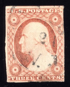 US Scott 11a Used 3c cents dull red 1852 Lot AA002 bhmstamps