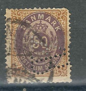 Denmark 33 Mi 30Ab Used Perfin F/VF 1875 SCV $37.50