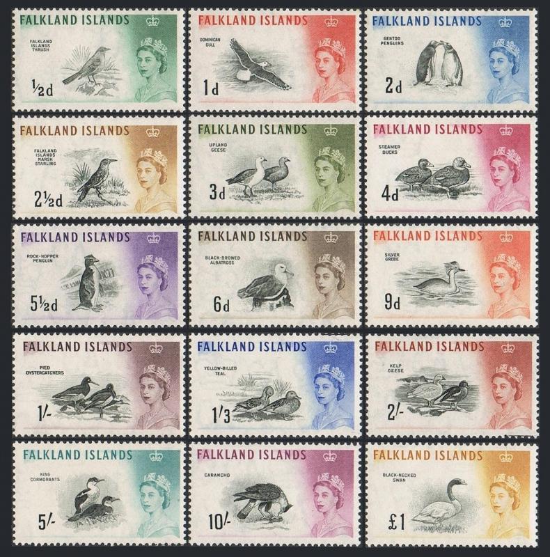 Falkland 128-142,MNH.Michel 123X-137. Birds 1960.Thrush,Dominican gull,Penguins