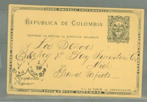 Colombia  1897 Postal Stationery, 2c reply card used to Usa, Comm'l. message, From Magdalena