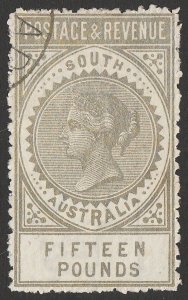 SOUTH AUSTRALIA 1886 QV Postage & Revenue £15 silver, perf 11½ with Certificate.