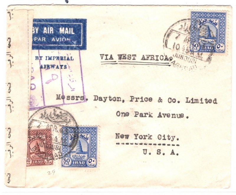 IRAQ WW2 Air Mail 1943 Censor Cover IMPERIAL AIRWAYS USA via West Africa MA204