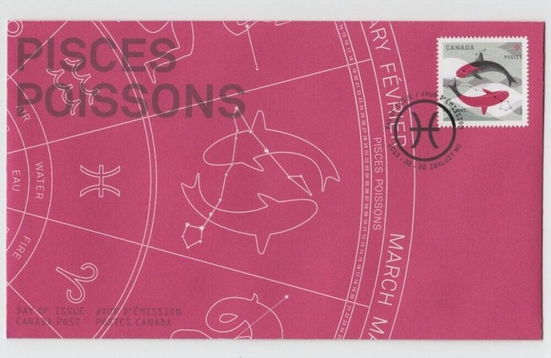 PISCES: THE FISH, Sign of the ZODIAC = single stamp Official FDC Canada 2013