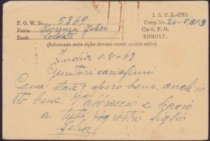 INDIA 1943 P.O.W. postcard to Italy ex Camp 26/5 Passed Censor..............6471