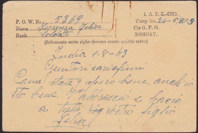 INDIA 1943 P.O.W. postcard to Italy ex Camp 26/5 Passed Censor..............6471