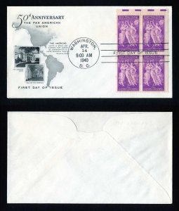 # 895 Block of 4 First Day Cover unaddressed Artcraft cachet - 4-14-1940 - # 1