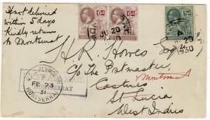 Montserrat 1930 aborted first flight cover to St. Kitts