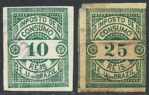 Brazil 1899 Revenue CONSUMPTION Large Numbers 10r, 25r Green Good Used-