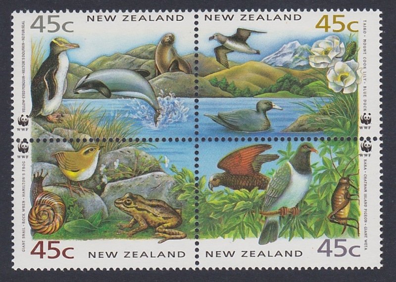 New Zealand WWF Birds 4v Block of 4 1993 MNH SC#1162d SG#1736-1739 MI#1290-1293