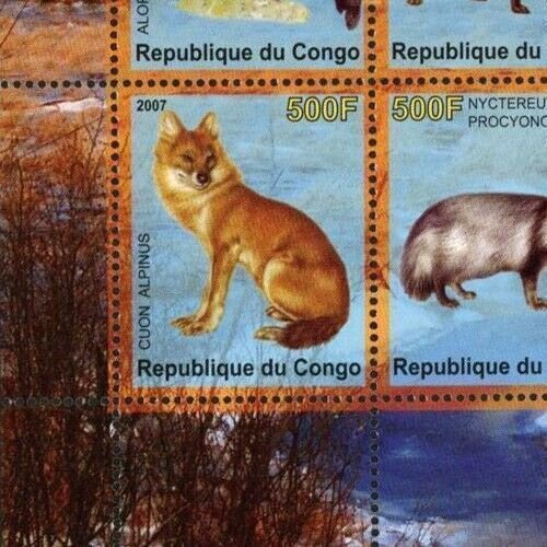 Congo Canin Fox Wild Animal Cuon Alpinus Souvenir Sheet of 4 Stamps Mint NH