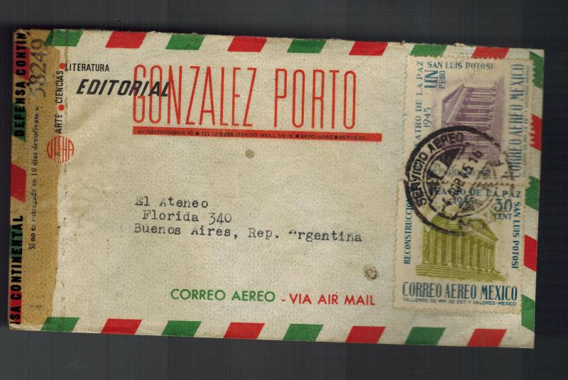 1945 Mexico DF to Buenos Aires Argentina Censor Registered cover Gonzalez Porto