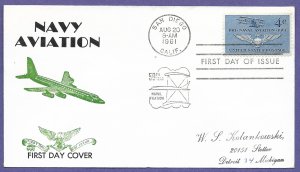 1185 NAVAL AVIATION  4c, 1961 DIAMOND CACHET FIRST DAY COVER, ADDR.