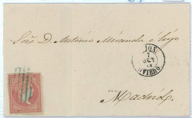 P0124 - SPAIN - POSTAL HISTORY - #48 on cover from GIJON 1858 Blue Grill-