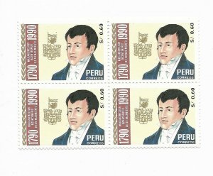 PERU 1992 MARIANO MELGAR BICENTENARY SC 1022 MI 1463 BLOCK OF FOUR MNH