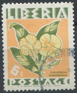 Liberia Sc#350 Used, 6c yel grn, org & yel, Flowers (1955) (1955)